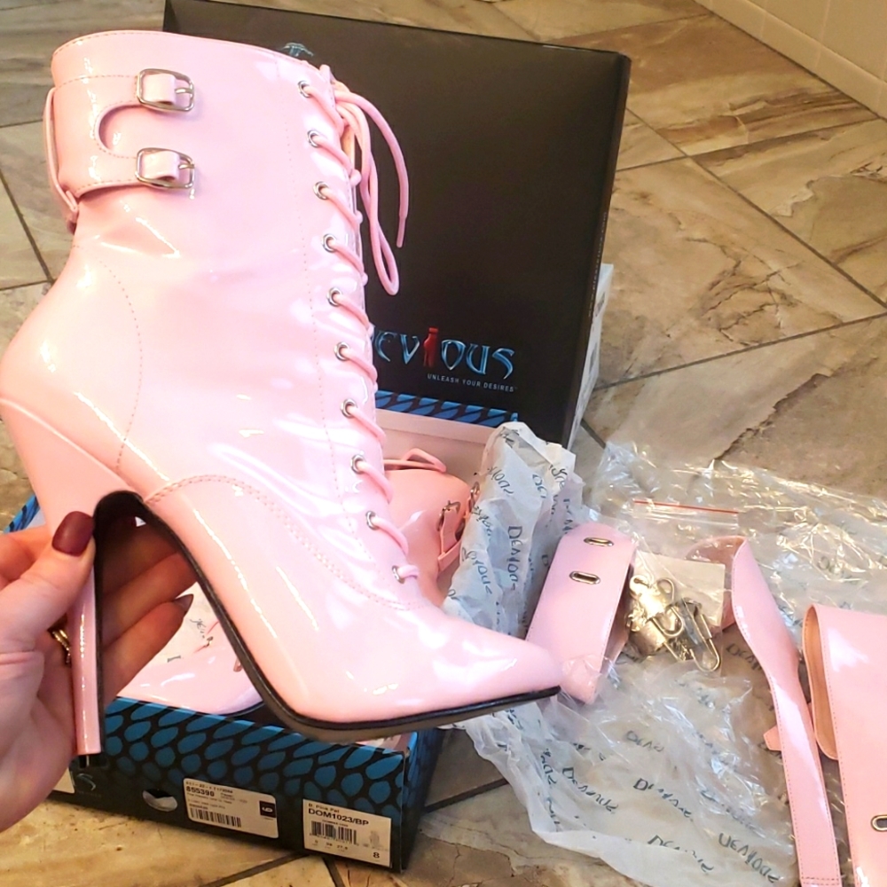 Devious Baby Pink Patent Heel Side Zip Lace Up Ankle Boots